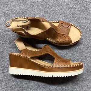 Pikolinos Sandals Womens Size 10.5 41 Brown Leather Wedge Slingback Hook Loop